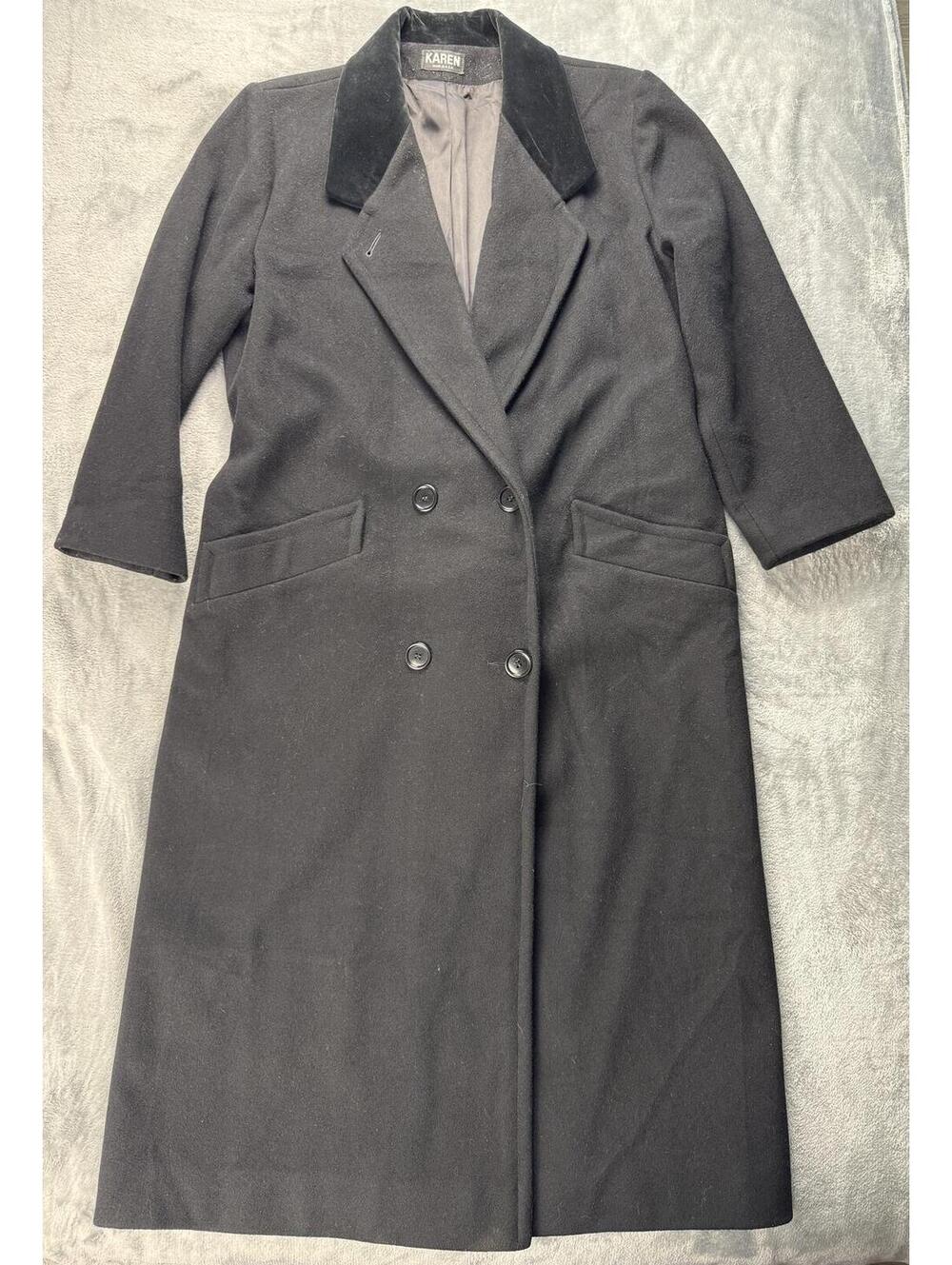 Vtg Karen Wool Cashmere Blend Long Black Trench Coat Made USA No Size Tag M/L